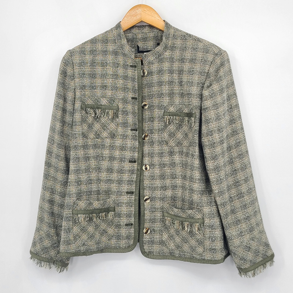 Sag Harbor Blazer Jacket Green Plaid Fringe Academia Boho Tweed Heritage Size 10